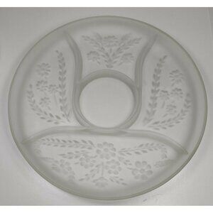 Vintage Large Frosted Glass Carved Flowers & Leaves 4 Slots Tray Serving Platter